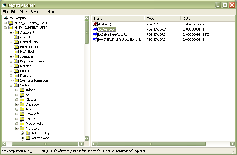 Registry settings