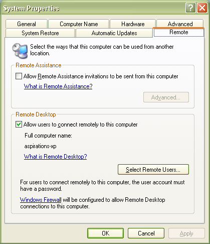 System properties to enable remote desktop