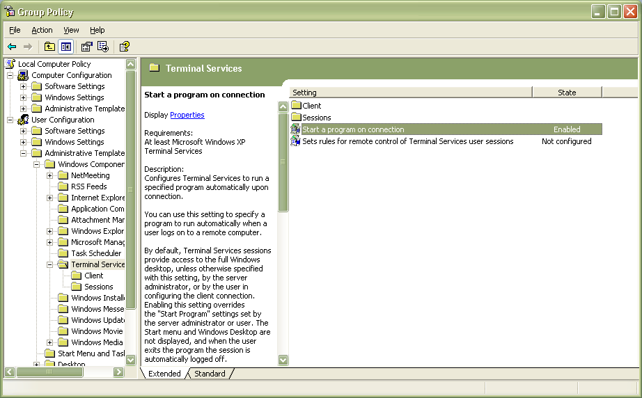 Run gpedit.msc and navigate down to User Configuration->Administrative Templates->Windows Components->Terminal Services.