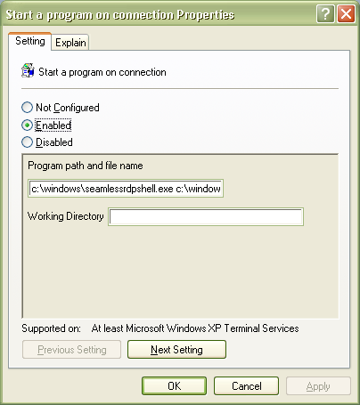 Enter c:\windows\seamlessrdpshell.exe c:\windows\explorer.exe for the command to run on connection.