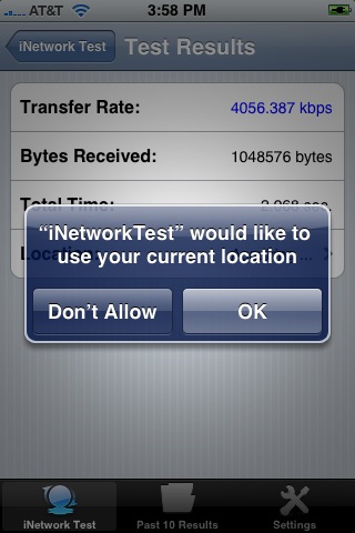 iNetworkTest patiently asks for permission to use your location